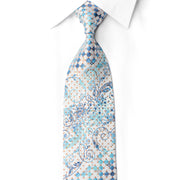 San-Dee rhinestone silk necktie DH218 close-up detail of blue baroque scroll paisley motif with crystal rhinestones and silver sparkle accents