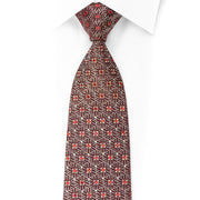 Silk Necktie Silver Geometric Pentagons On Dark Burgundy With Red Rhinestones