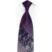 Floral On Navy Rhinestone Silk Necktie With Silver Sparkles