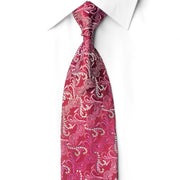San-Dee crimson silk rhinestone necktie with crystal sparkle floral paisley pattern, worn knotted on a white dress shirt – front view