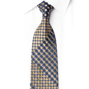 San-Dee navy gold checkerboard rhinestone silk necktie laid flat on white background showing full length pattern