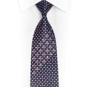 Gravata de Seda com Estampa Geométrica Rosa em Azul Marinho, Strass e Brilhos Prateados