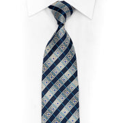 Blue Silver Cartouche Striped Rhinestone Silk Tie