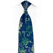 Green Silver Floral On Blue Rhinestone Tie With Silver