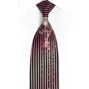 Purple Floral And Vertical Striped On Black Rhinestone Tie