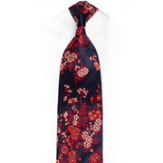 Red Floral On Navy Rhinestone Silk Tie With Silver Sparkles