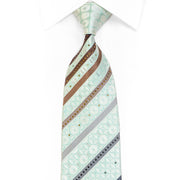 Brown Silver Striped On Pale Green Rhinestone Silk Tie With Sparkles