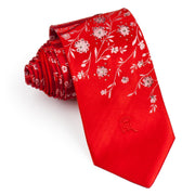 Countess Mara Rhinestone Silk Neck Tie Floral Design On Red Classic 3 1/2 Inch - San-Dee