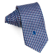Daks Silk Necktie Silver Red Geometric Pattern On Navy Blue With Rhinestones - San-Dee