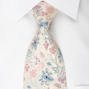 Elegance Silk Necktie Pink Blue Floral On White With Sparkling Crystal Rhinestones - San-Dee