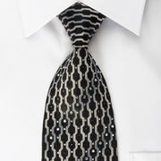 Elegance Silk Tie Silver Geometric On Black With Rhinestones - San-Dee