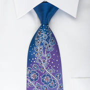 Guy Laroche Rhinestone Silk Necktie Silver Floral On Purple