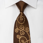 Lancetti Rhinestone Silk Necktie Golden Scrolls On Brown