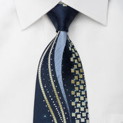 Lancetti Rhinestone Silk Necktie Waves On Blue With Silver