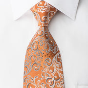 Renoma Rhinestone Silk Necktie Silver Vines On Orange With