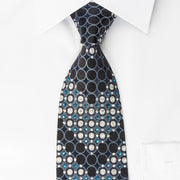 Renoma Rhinestone Tie Silver Geometric Circles On Black Silk