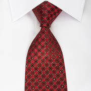 Renoma Silk Rhinestone Necktie Red Quatrefoil Trellis On
