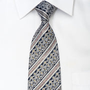 Rhinestone Silk Necktie Silver Cartouche & Stripes On Navy