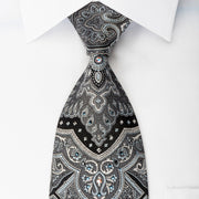 Smalto Men’s Woven Silk Necktie Silver Damask On Black With