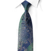 San-Dee navy and green rhinestone silk necktie laid flat on white shirt showing full length and silver sparkle detail
