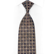 Círculos entrelaçados dourados em gravata de seda com strass azul marinho e brilhos
