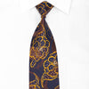 Gravata de seda floral marrom amarela com strass azul marinho e brilhos prateados