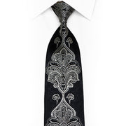 Gravata de seda com strass de cristal preto damasco prateado