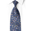 Full-length blue silk necktie with multicolored butterfly motifs, silver sparkles and crystal rhinestone accents