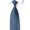 Rolled San-Dee navy silk necktie with striped aqua dots, blue geometric frames and scattered crystal rhinestones.