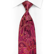 Red Purple Acanthus Paisley On Burgundy Rhinestone Silk Necktie With Purple Sparkles