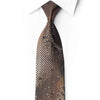San-Dee bronze-brown silk necktie laid diagonally on white, with champagne checkerwork, black leafy scrolls and crystal rhinestones.
