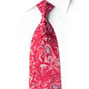 San-Dee crimson silk necktie with silver paisley and floral motifs and crystal rhinestones, shown tied against white.