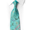 Pierre Cardin aqua teal rhinestone silk necktie laid flat on white shirt, showing full length with floral damask pattern and crystal embellishments
