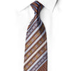 San-Dee RN639 rhinestone silk necktie worn with white dress shirt showing chocolate brown and slate blue multi-stripe jacquard weave with gold crystal sparkles