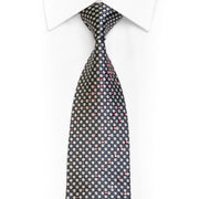 Pontos geométricos prateados em gravata de seda com strass preto e brilhos prateados