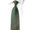 San-Dee rhinestone silk necktie in brown with green overlapping circle weave pattern and silver crystal rhinestone sparkles, laid flat on white shirt
