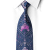 San-Dee navy blue rhinestone silk necktie knotted on white dress shirt collar showing pink and mauve floral damask pattern with crystal silver sparkle rhinestone constellations