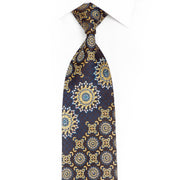 Gold Blue Medallions Design On Brown Rhinestone Silk Necktie