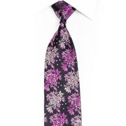 Silver Purple Floral On Navy Rhinestone Silk Necktie With Purple Sparkles