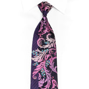 Acanthus Floral On Navy Rhinestone Silk Necktie With Purple