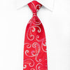 Elegance Mens Crystal Silk Tie Silver Scrolls On Red With Sparkles - San-Dee