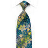 Elegance Rhinestone Silk Necktie Floral On Teal Turquoise With Gold Studs - San-Dee