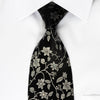 Lancetti Rhinestone Silk Necktie Silver Floral On Black With