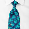 Odysseus Rhinestone Silk Necktie Green Floral On Blue - 1
