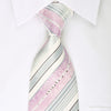Premium Royal Silk Necktie Pink Silver Stripes On White With