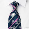 Silver Pink Floral Striped On Blue Silk Rhinestone Necktie 